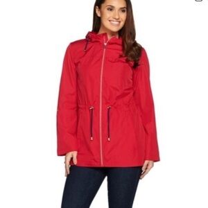 Susan Graver Rain Resistant Packable Windbreaker with Hood Red